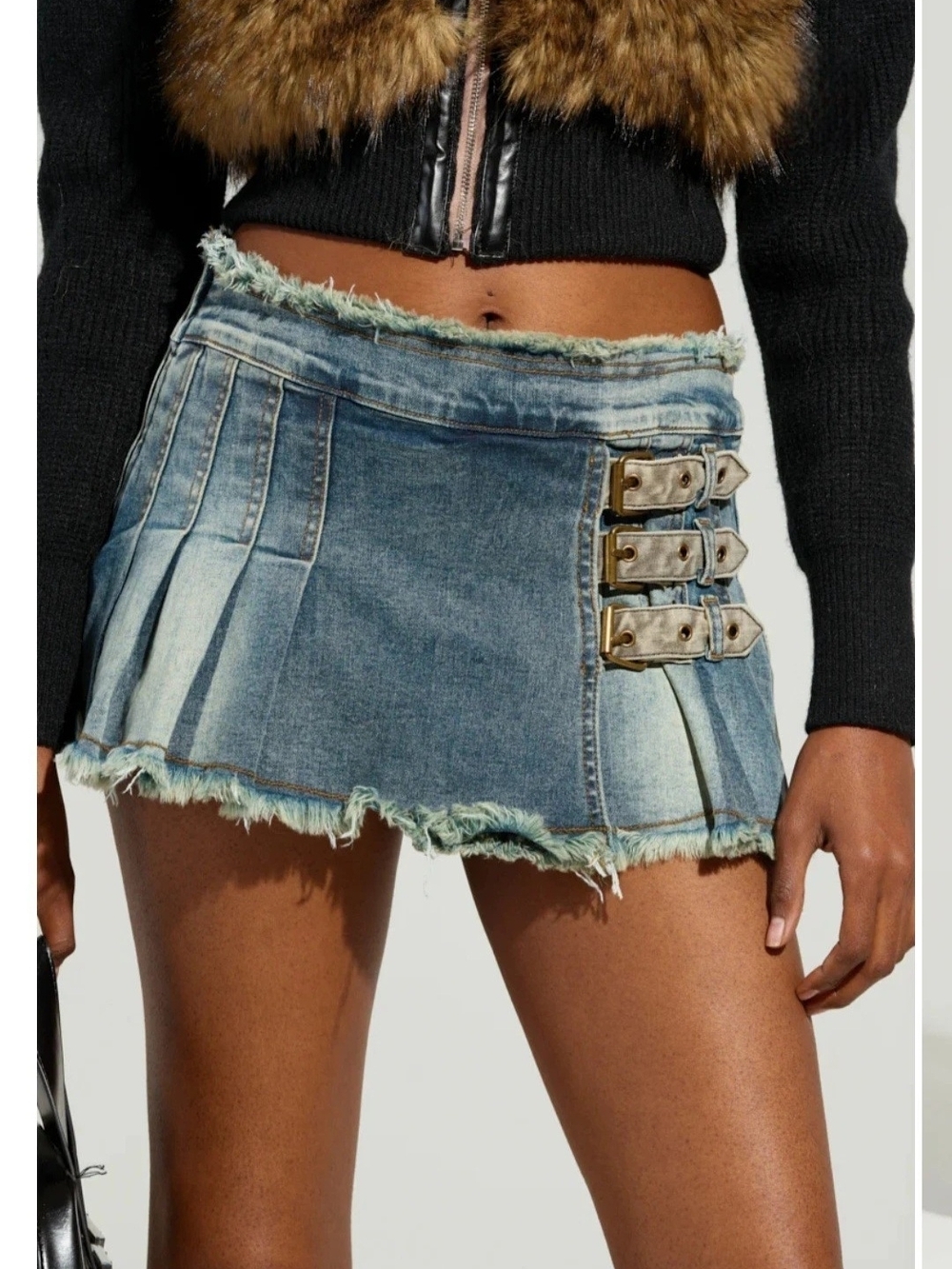 Y2K Micro Denim Jean Mini Skirt Pleated Size Medium Low Rise